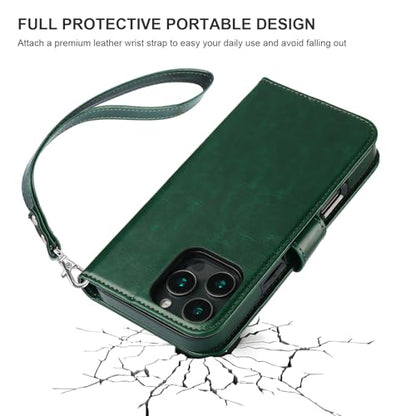 Bocasal Detachable Wallet Case Card Holder for iPhone 16 Pro Max Green | RFID Blocking Kickstand Card Slots Holder PU Leather Magnetic Shockproof Wrist Strap Removable Flip Protective Cover 6.9 inch - color: Green