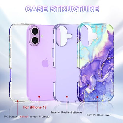 Btscase Compatible with iPhone 17 Case 6.3 Inch 2025,Marble Pattern 3 in 1 Heavy Duty Shockproof Full Body Rugged Hard PC+Soft Silicone Drop Protective Women Girl Phone Cases, Cobalt Violet - color: Cobalt Violet, size: iPhone 17