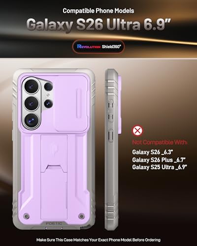 Poetic Revolution Case for Samsung Galaxy S26 Ultra, [Slide Camera Cover], [20FT Mil-Grade Drop Tested], Full-Body Military Grade Rugged Dual-Layer Shockproof Cover with Kickstand, Purple - color: Purple, size: Galaxy S26 Ultra