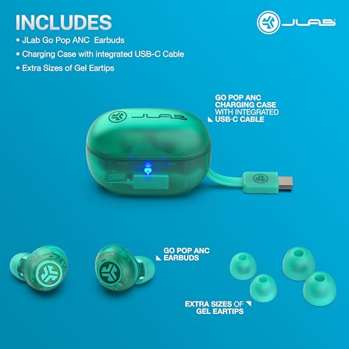 JLab Go Pop ANC True Wireless Earbuds with Dual Connect, Transparent Teal - color: Transparent Teal