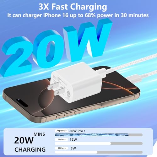 iPhone 17 16 Charger Fast Charging, 20W USB C Wall Charger +Woven 6FT Cable - size: 6FT_2Pack