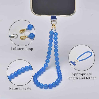 Agate Beaded Phone Wrist Strap for Women Men Stone Beads Charm Handmade Cellphone Chain Lanyard with Tether Tab - color: Blue-1, size: 8mm Beads