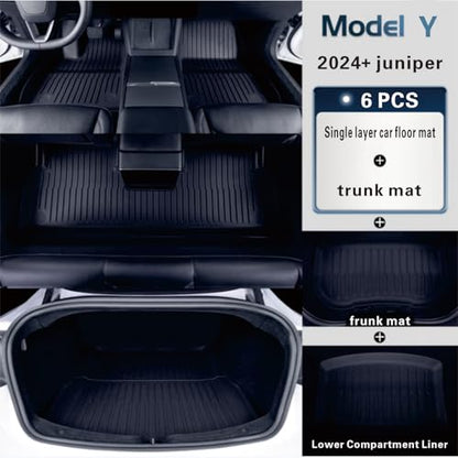 Floor Mats and Cargo Liners for 2025-2026 Tesla Model Y Juniper (Not Fit Standard), 6 PCS Model Y Accseeories Entire Set with Dual-Layer Trunk Liner & Frunk Mat, All-Weather TPE Waterproof - style: Model Y 2025+ Juniper 6PCS