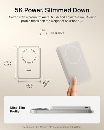 Belkin 5K 15W Qi2 MagSafe Power Bank with USB C Cable for iPhone 17 & More - color: Sand