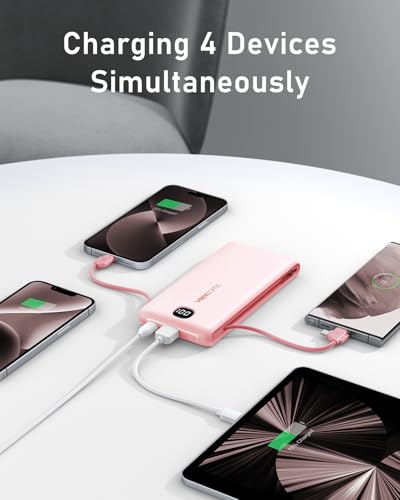 VEEKTOMX 10000mAh Portable Charger with Built-in Cables & Wall Plug - color: Peach