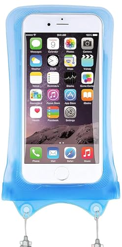 AquaVault Floating Waterproof Phone Pouch Case Universal for iPhone Android | Blue. Floats and keeps phones and cash dry. Heavy-duty PVC, drop protection, adjustable neck strap. Fits any phone size. - color: Blue