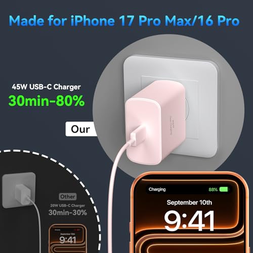 Phone 17 16 Pro Max Charger Fast Charging, 45W Super Fast USB C Charger Block with 10FT Extra Long Fast Charging Cable for 17 16 Pro Max/17 16/16 Plus,15 Pro Max/15 Pro/15, Android Phone-Pink - color: pink, size: 10 Ft