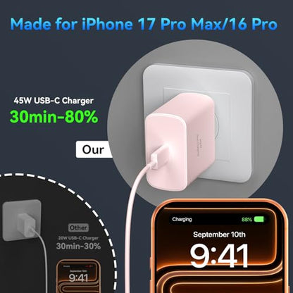 Phone 17 16 Pro Max Charger Fast Charging, 45W Super Fast USB C Charger Block with 10FT Extra Long Fast Charging Cable for 17 16 Pro Max/17 16/16 Plus,15 Pro Max/15 Pro/15, Android Phone-Pink - color: pink, size: 10 Ft