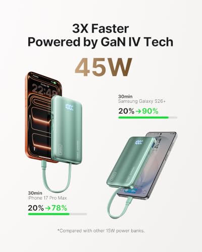 INIU 45W Fast Charging Portable Charger, 10000mAh with Built in Wall Plug | Slimmest, Built-in Wall Plug, USB-C Cable, GaN, Flight-Safe, 3 in 1 Power Bank for iPhone 17, Samsung, iPad etc, Green - color: Green