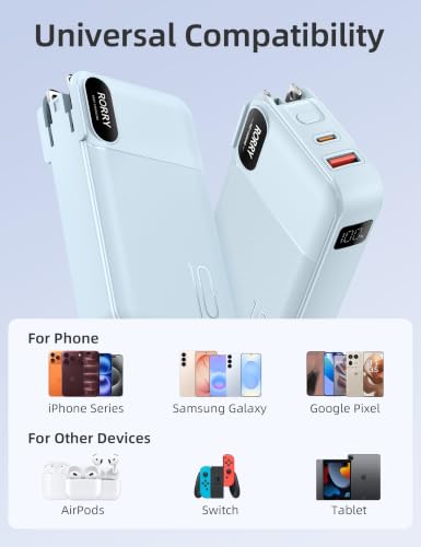 RORRY Portable Charger 3 in 1 with Wall Plug 10000mAh Power Bank for iPhone - color: Blue