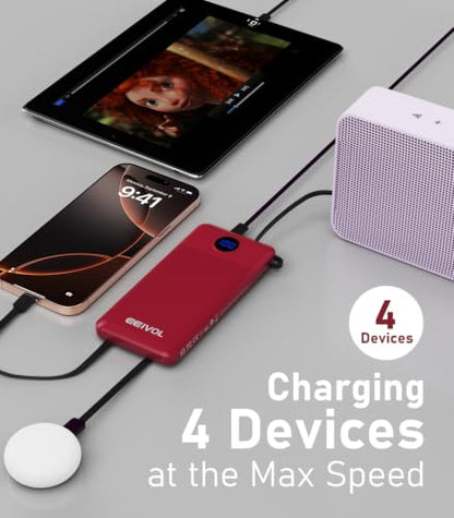 Portable Charger Built in 4 Cables, 10000mAh Power Bank, Red - color: Red