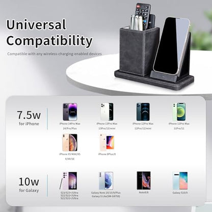 Wireless Charger with Desk Organizer, Wireless Charging Station for iPhone 13/13 Pro Max/13 Pro/12 Series/11/XS Max/XR/X/8Plus/SE 2, Wireless Charging Stand with Leather… (Gray) - color: Gray