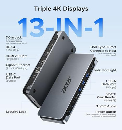 Acer 13-in-1 Laptop Docking Station, USB-C 3 Display Docking (2 HDMI+1 DP)
