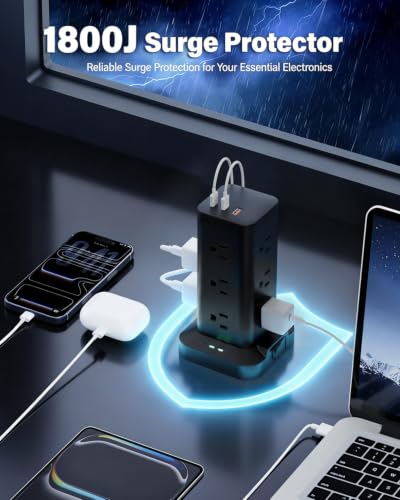 12AC 3USB Power Strip Tower Surge Protector 1800J, 10ft, Black, 1 - color: Black, size: 10ft