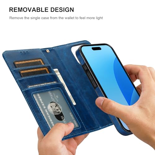 Bocasal Detachable Wallet Case Card Holder for iPhone 16 Pro, Blue | RFID Blocking Kickstand Card Slots Holder PU Leather Magnetic Shockproof Wrist Strap Removable Flip Protective Cover 6.3 inch - color: Blue