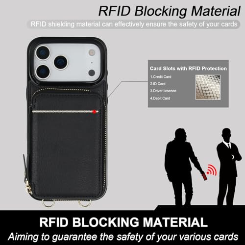 Bocasal Multi-Slot Crossbody Wallet Case for iPhone 17 Pro Max, Black | RFID Blocking PU Leather Purse Case with Card Holder, Handbag Flip Cover with Zipper Wrist Strap Lanyard for Women 6.9 Inch - color: Black