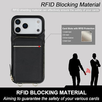 Bocasal Multi-Slot Crossbody Wallet Case for iPhone 17 Pro Max, Black | RFID Blocking PU Leather Purse Case with Card Holder, Handbag Flip Cover with Zipper Wrist Strap Lanyard for Women 6.9 Inch - color: Black