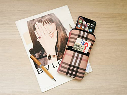 Tainada 2-Zip Neck Phone Pocket Bag w/Belt Loop (Camel Brown Plaid) | For Men/Women; Water-resistant neoprene pouch, shockproof, lightweight, w/carabiner; Compatible with most of smartphones - color: Camel Brown Plaid