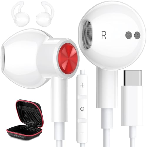 USB C Headphones Magnetic Wired Earbuds with Mic for Apple/Samsung Android - color: White/ Red