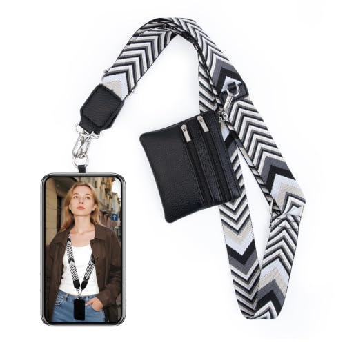 BARGIFTS Clip and Go Strap for Phone with Wallet Crossbody, Cell Phone Lanyard with Zippered Pouch, Adjustable Phone Strap Crossbody with Wallet - color: A-Black