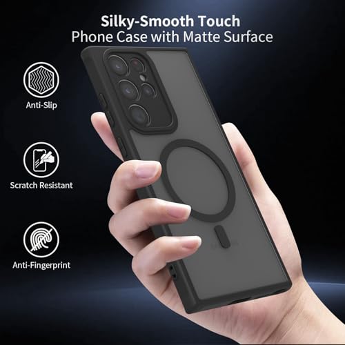 for Samsung Galaxy S22 Ultra Case Magnetic, Compatible with Magsafe 6.8-Inch Slim Fit Heavy Duty Protector Wireless Charging Shockproof Skin-Feel Anti-Slip TPU and PC Phone Cover, Black - color: Black Magnetic