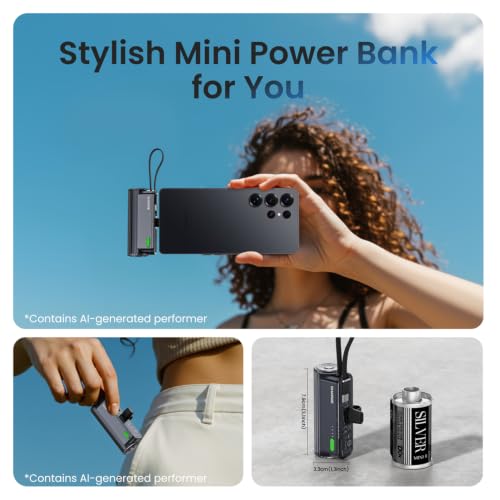 Mini Power Bank 5000mAh for iPhone, 22.5W Built-in Cable Portable Charger - color: Black