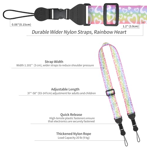 FIEIL 5 Pack Adjustable Shoulder Strap, Nylon Camera Strap, Comfortable Neck Strap for iPad, Cellphone Tablet, Camera, Laptop, Binocular, Luggage Bag (Rainbow Heart Universal Lanyard) - size: 5 Pack Rainbow Heart