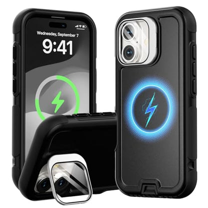 Follaroma Magnetic for iPhone 17 Case with Camera Stand, Black, 6.3" | Built-in Glass Camera Cover,Compatible with MagSafe,Heavy Duty Shockproof Protective,Military-Grade Anti-DropDual Layer Cover - color: Black, size: iPhone 17 6.3''