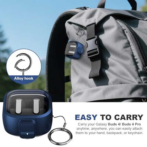for Samsung Galaxy Buds 4/Buds 4 Pro Case (2026) with Secure Safety Lock Clip,Shockproof Scratch-Resistant TPU Transparent Soft Protective Cover Accessories with Carabiner/Cleaning Kit(Deep Blue) - color: Deep Blue