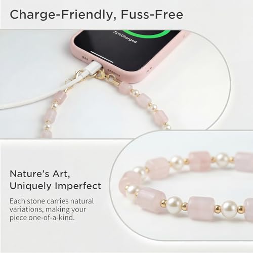 POSADINA Natural Stone Phone Charm, Beaded Healing Phone Wrist Strap, Handmade Cellphone Chain Lanyard with Tether Tab - color: Blush Whisper
