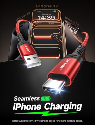 JSAUX USB to USB C Cable, USB C Cable for iPhone 17, 3-Pack (10+6.6+3.3FT) - color: Red, size: 3.3ft+6.6ft+10ft