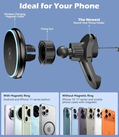 CloudValley 15W Charger Air Vent Car Mount for Mercedes Benz A/B/C/E/V/G/Class & Audi A1/A2/A3, Magnetic Wireless Charging Phone Holder for iPhone 18/17 Pro Max 16 15 14 13 12, Compatible with Magsafe