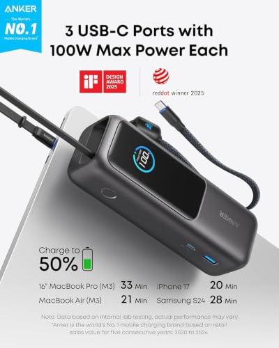 Anker Laptop Power Bank, 25,000mAh Travel Essential with 165W Total Output - color: Black