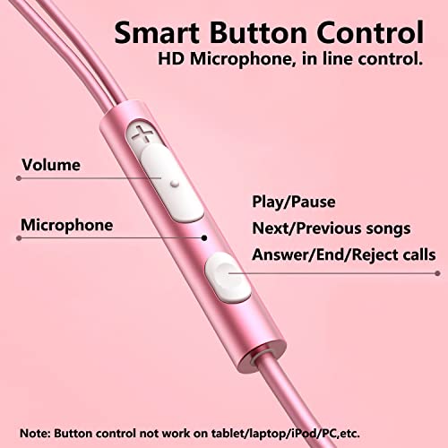 Rose Gold Earbuds, Girls Pink Earphones Wired with mic, Volume Control in Ear Headphones 3.5mm for Smartphones Mp3 Tablet Laptop