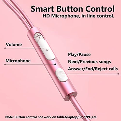 Rose Gold Earbuds, Girls Pink Earphones Wired with mic, Volume Control in Ear Headphones 3.5mm for Smartphones Mp3 Tablet Laptop