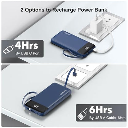Portable Charger Built-in Cables,10000mAh Fast Charge Power Bank for iPhone - color: Navy