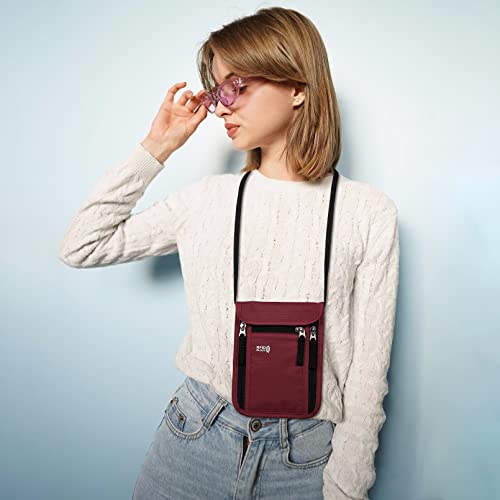 Travel Pouch Neck Wallet Family Passport Holder Organizer Case with RFID Blocking - color: Wine Red