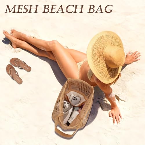 GYEUKHAM Mesh Beach Bag for Women, Sand-Resistant Pool Tote, 9 Pockets (1 Inner Zip), Foldable Family Travel Essentials - color: 2 Pockets-tan