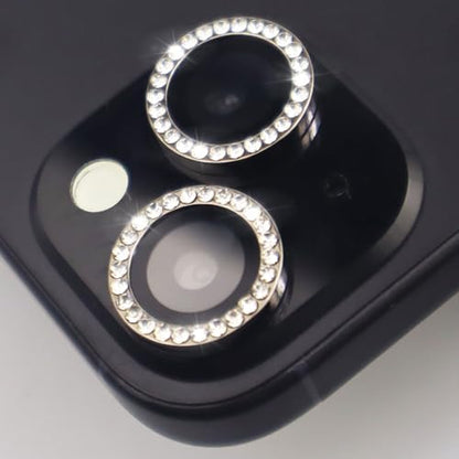 Camera Lens Protector for iPhone 15/15 Plus/14/14 Plus Bling Diamond Metal Ring Rhinestone Tempered Glass Lens Cover Accessories (Black) - color: Black