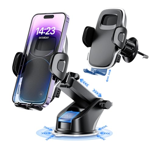 Phone Holders Car Dashboard/Windshield/Vent 3-in-1 Strong Suction Cup Phone Mount for iPhone 17/16/15/14, Samsung Galaxy S25/S24/S23, Thick Case Friendly 360° Rotation Hands-Free Stand