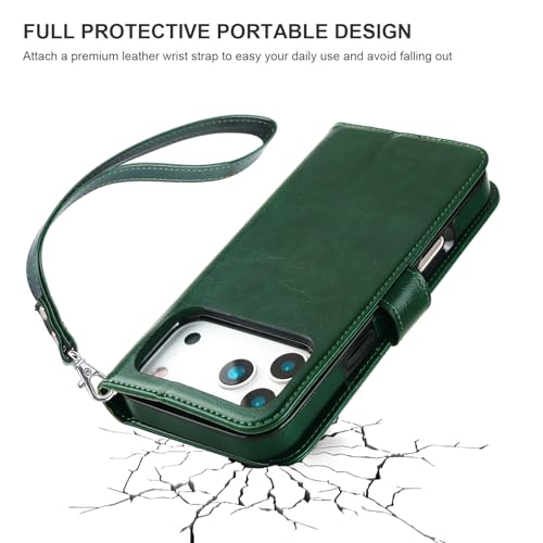 Bocasal Detachable Wallet Case Card Holder for iPhone 17 Pro Max Green | RFID Blocking Kickstand Card Slots Holder PU Leather Magnetic Shockproof Wrist Strap Removable Flip Protective Cover 6.9 inch - color: Green