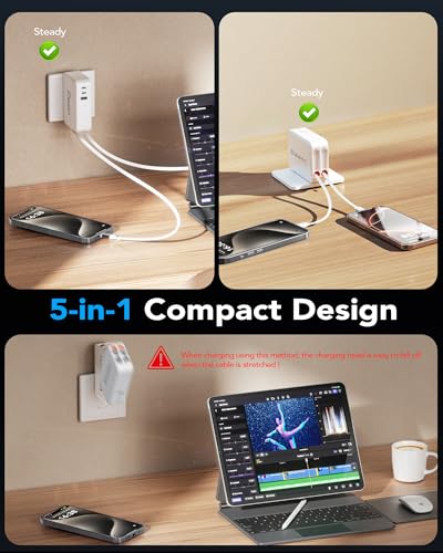 65W for MacBook Pro Charger,5-in-1 Retractable Wall Charger Plug for iPhone - color: White