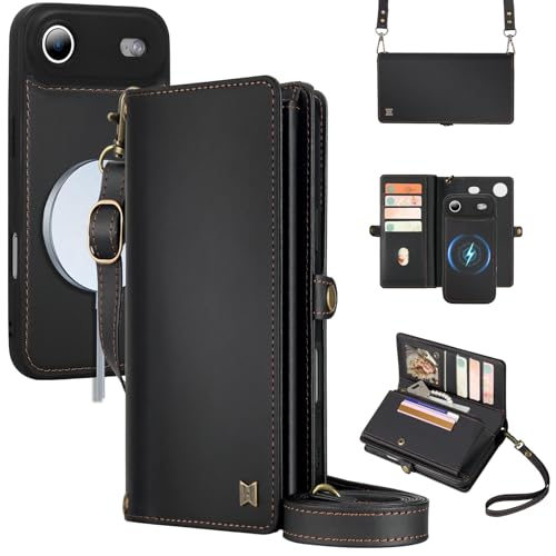 for Wallet Case Compatible with iPhone 17 Air,Multi-Function Detachable 2 in 1 Magnetic iPhone 17 Air Case Wallet,Flip Strap Zipper Card Holder Phone Case with Shoulder Straps (Black) - color: Black, size: iPhone 17Air