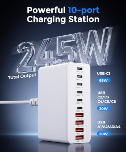 USB C Charging Station 10 Port with 4 Cables,245W GaN Charger Block - color: White