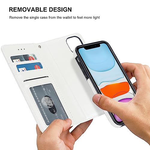 Bocasal Detachable Wallet Case Card Holder for iPhone 11, White | Kickstand Card Slots Holder PU Leather Magnetic Shockproof Wrist Strap Removable Flip Protective Cover 6.1 inch - color: White