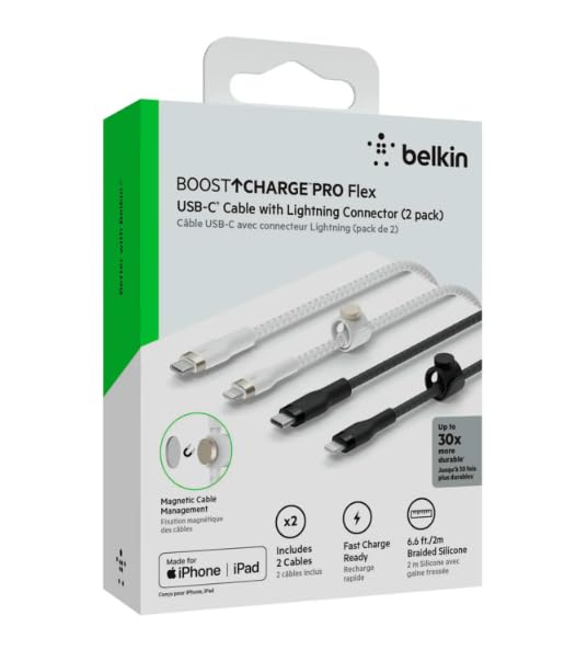 Belkin BOOSTCHARGE PRO Flex 2-Pack Fast Charge USB-C to Lightning Cable Bundle 2M / 6.6' MFi-Certified