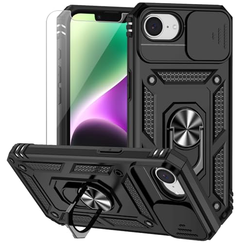 for iPhone 17E / iPhone 16E Case, with Camera Lens Cover HD Screen Protector, Dual Layer Military-Grade Drop Tested Magnetic Ring Holder Kickstand Protective Phone Case for iPhone 16E / 17E (Black) - color: Black with camera cover Military-Grade 2nd gen