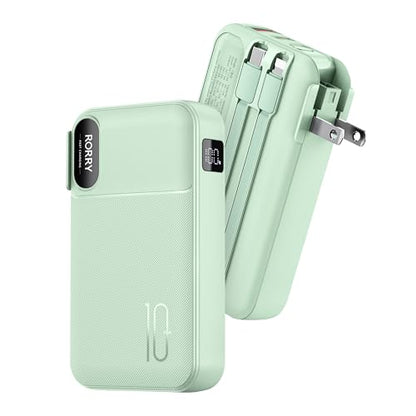 RORRY Portable Charger 3 in 1 with Wall Plug 10000mAh Power Bank for iPhone - color: Green