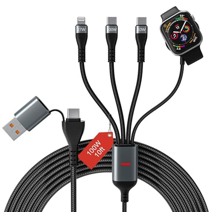 100W 2 USB C Multi Charging Cable for Apple Watch - 10ft USB C Fast Charging Cord with Dual USB-C (100W/10W), Lightning & Magnetic Apple Watch Charger, Braided for iPhone 17-14, iPad, Galaxy S24/S23