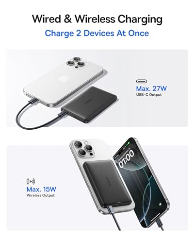 Baseus Picogo Magsafe Portable Charger, Qi2 15W 0.5" Ultra Slim 10000mAh Wireless Power Bank, 27W Fast Charging Magnetic Battery Pack with USB-C for iPhone 17 Pro Max/17 Pro/Air/16/15/14/13/12 | 10000mAh Wireless Power Bank, 27W Fast Charging Magnetic Bat